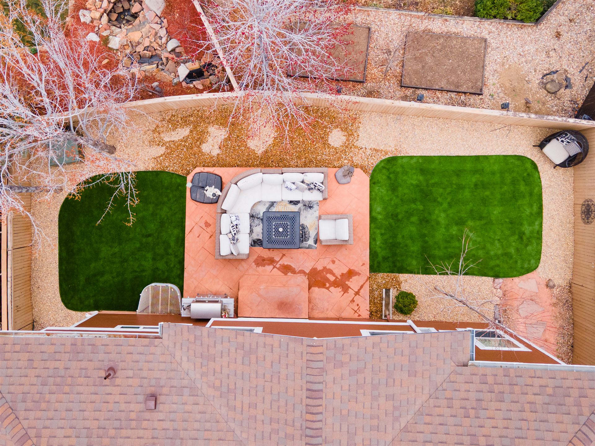 Overhead view of turf panels around a central patio