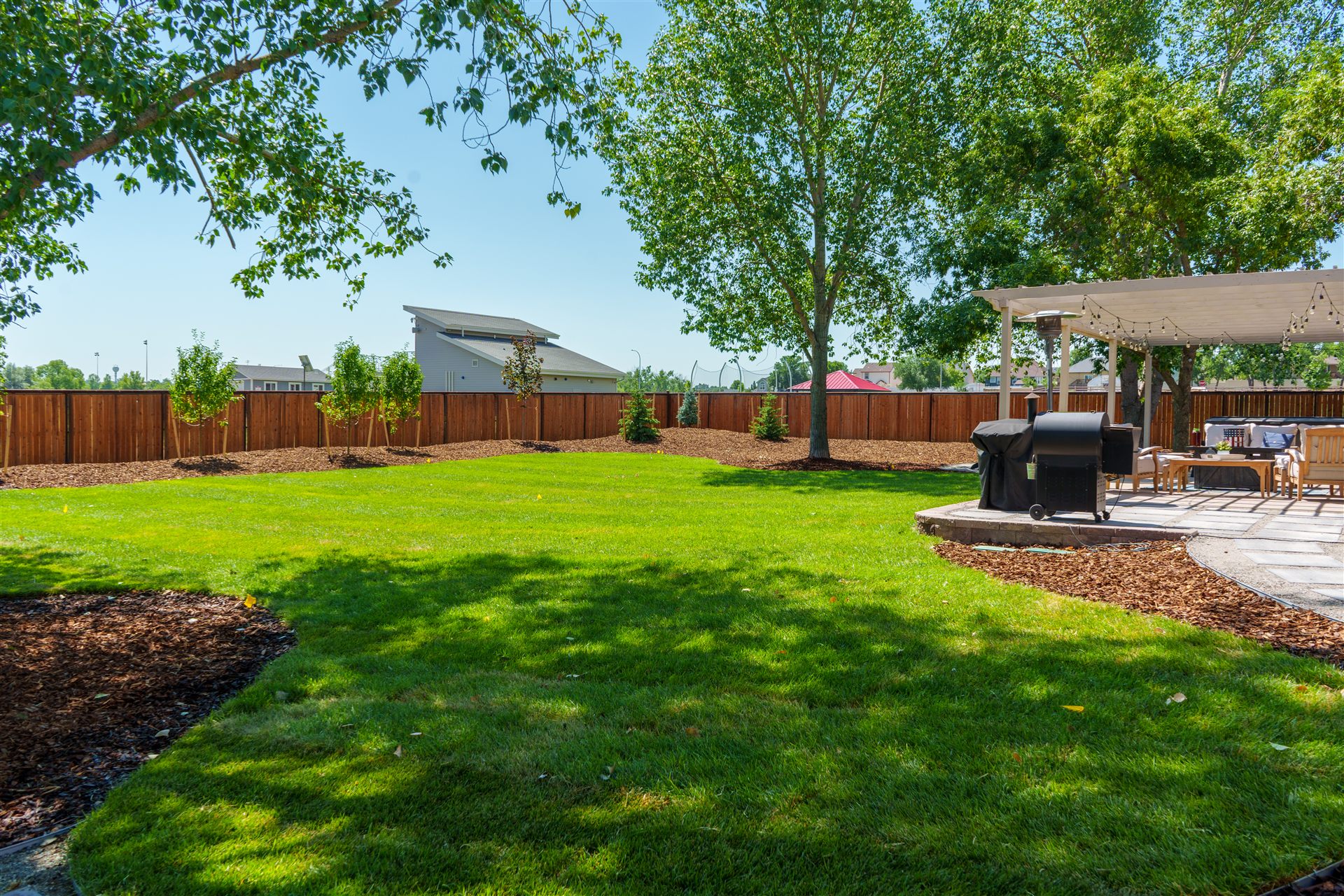 Large backyard with new sod and curved mulch beds in Brighton, CO