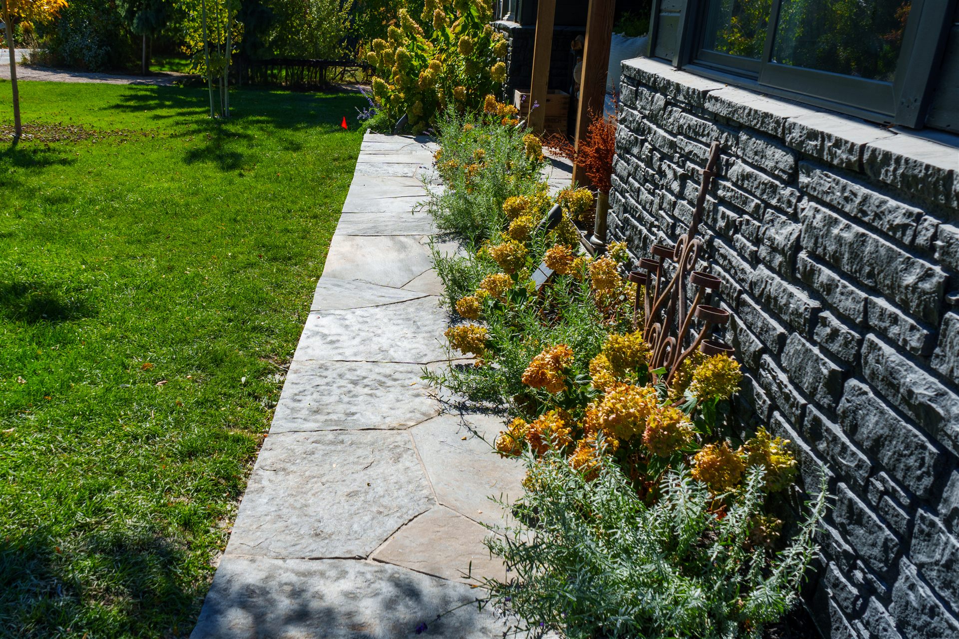 Flagstone walkway beside a drought-tolerant planting bed
