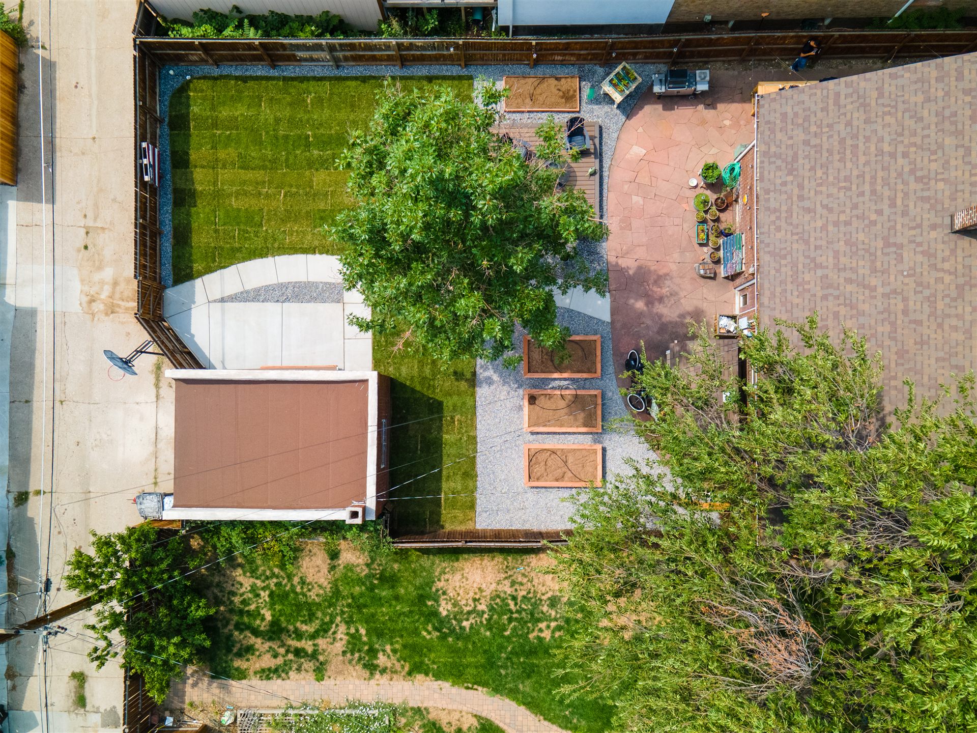 Aerial view of sod, raised garden beds and a shade tree