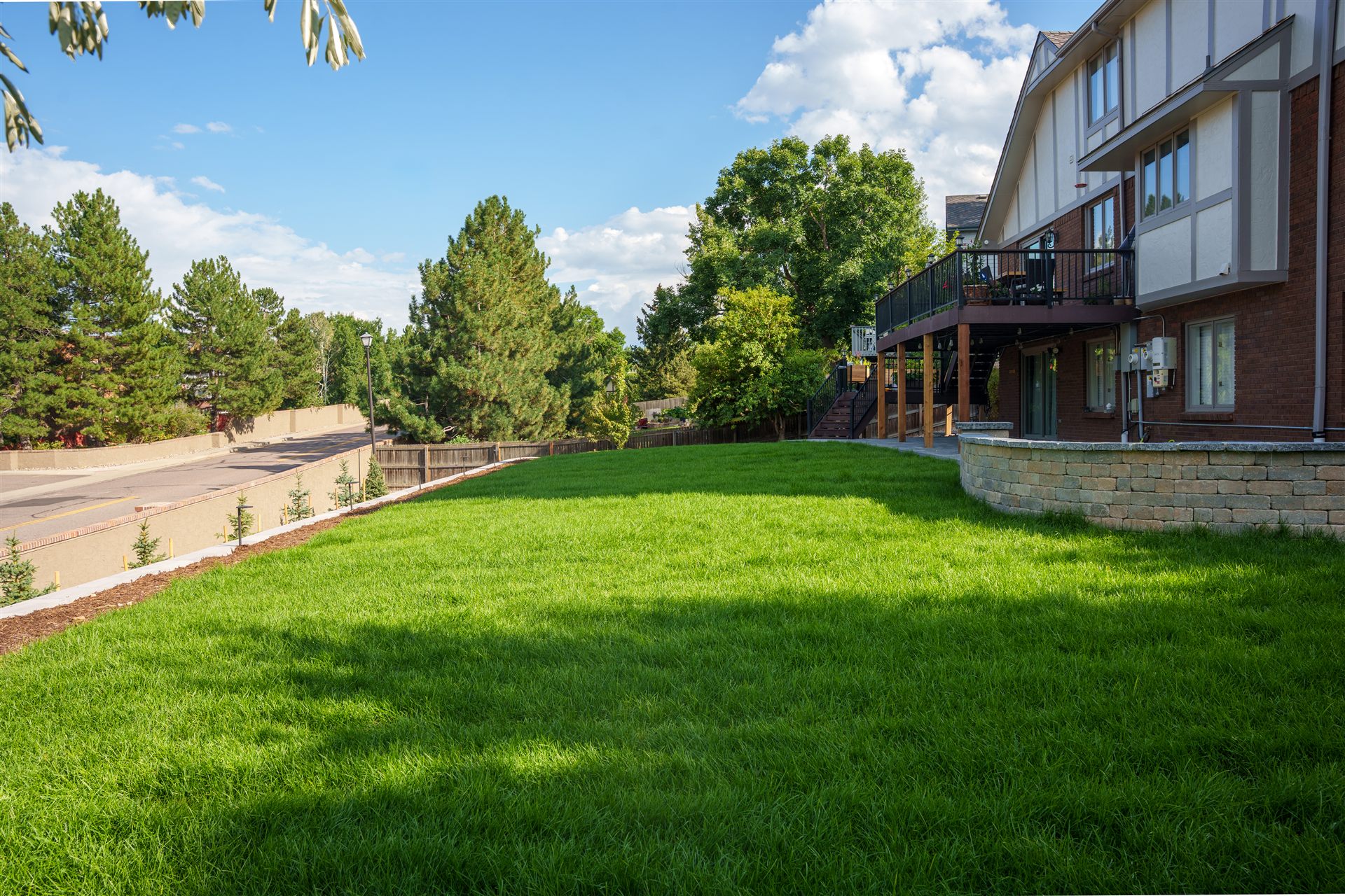 New sod lawn running from the patio to the retaining walls
