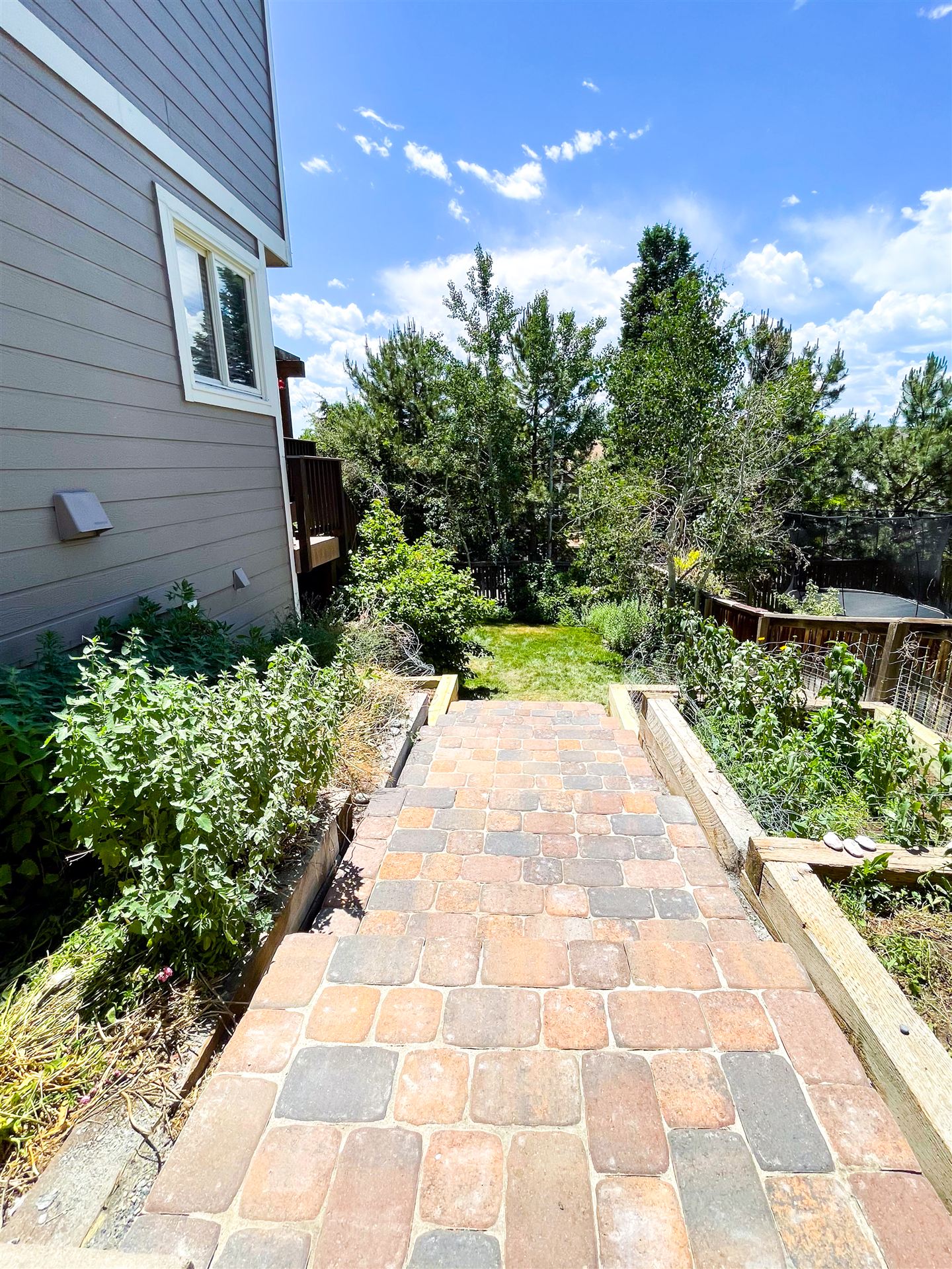 Paver path between terraced garden beds
