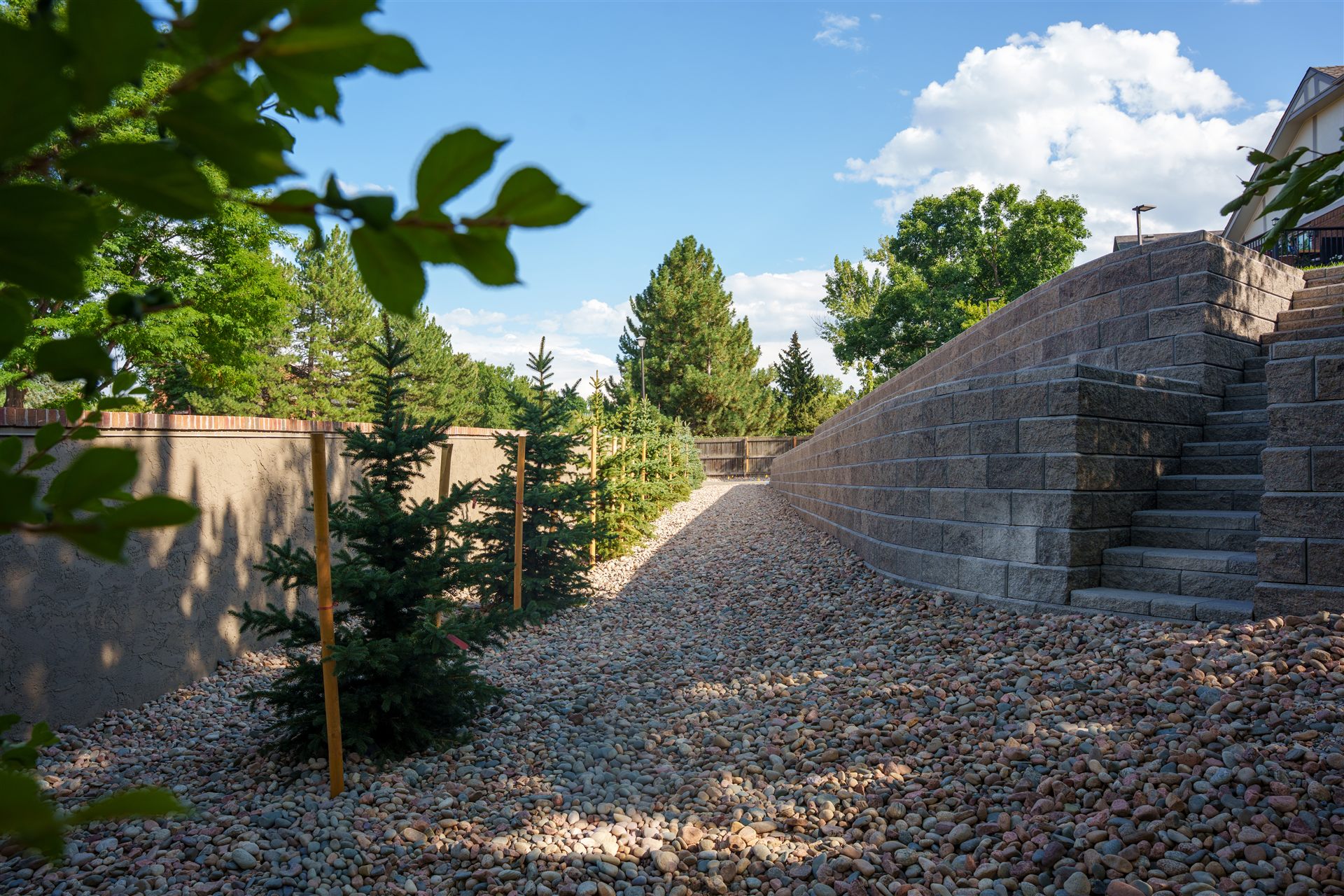 Retaining wall stairs with newly planted evergreens and river rock