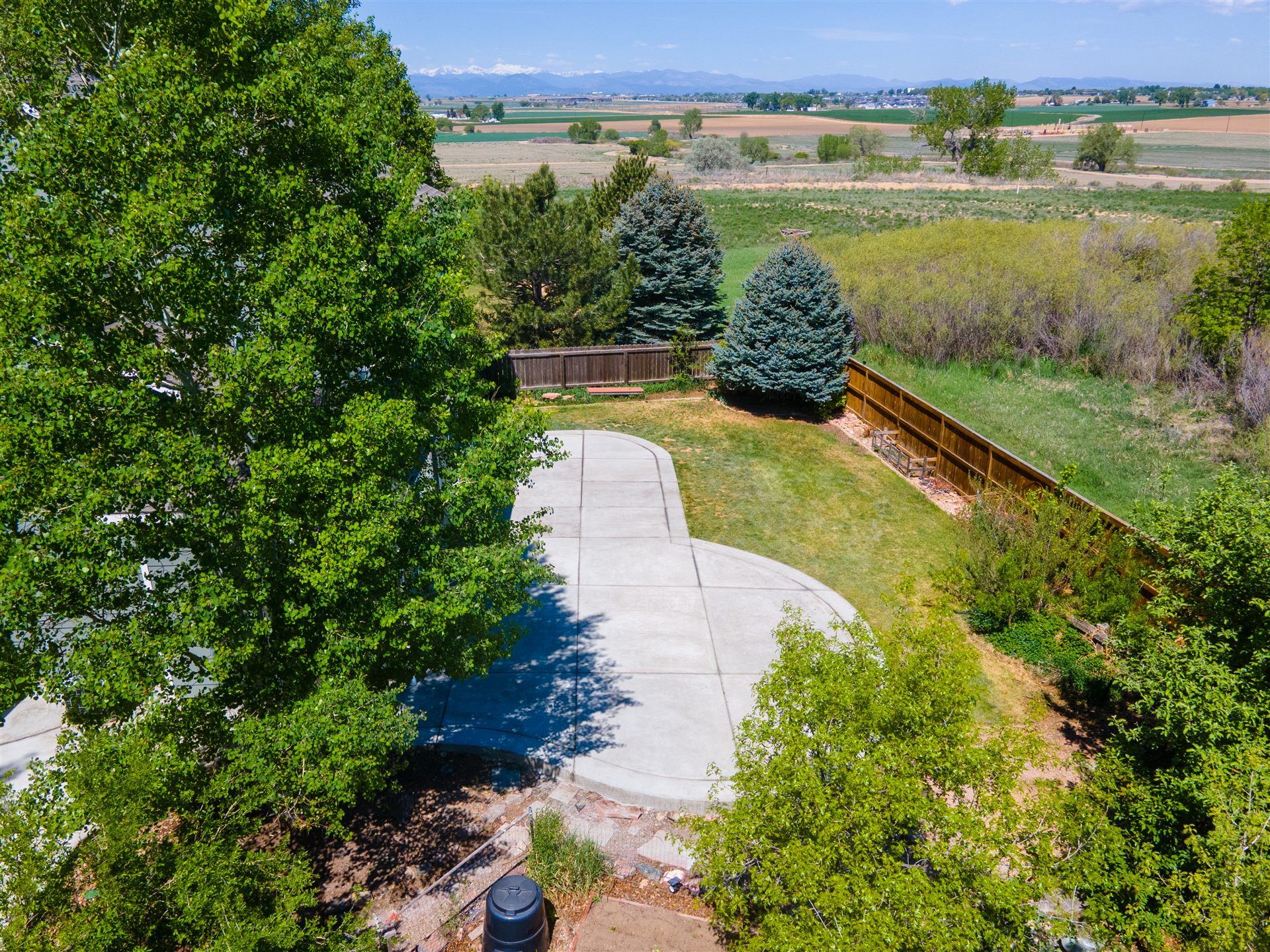Curved concrete patio and lawn backing onto open space